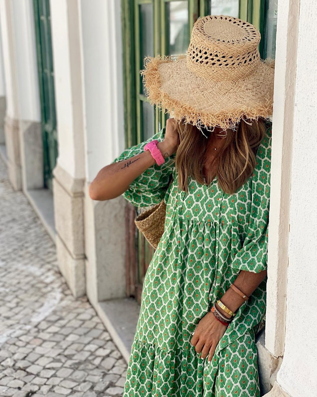 Sophia - Bohemian Print Maxi Dress – green and white geometric print – lifestyle (2)