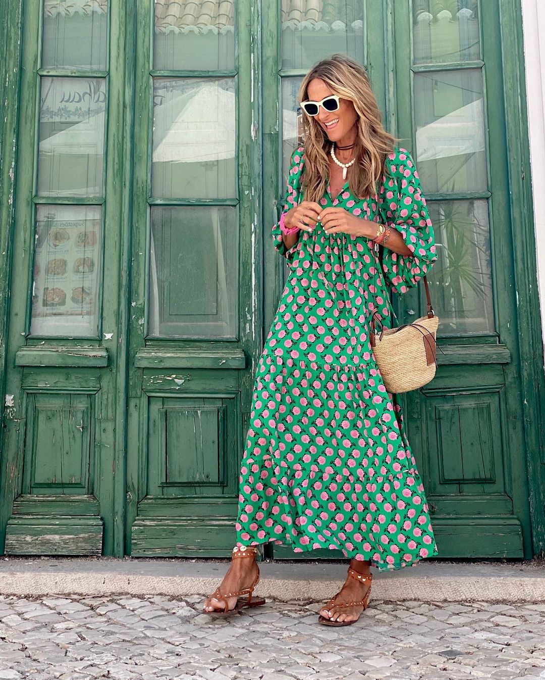 Sophia - Bohemian Print Maxi Dress – green and pink dot print – lifestyle