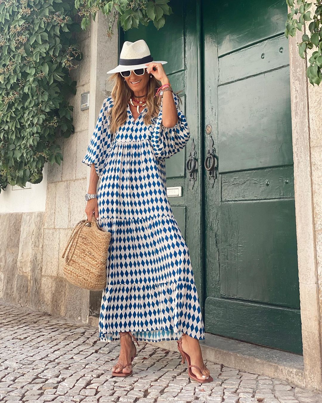 Sophia - Bohemian Print Maxi Dress – blue and white check print – lifestyle (2)