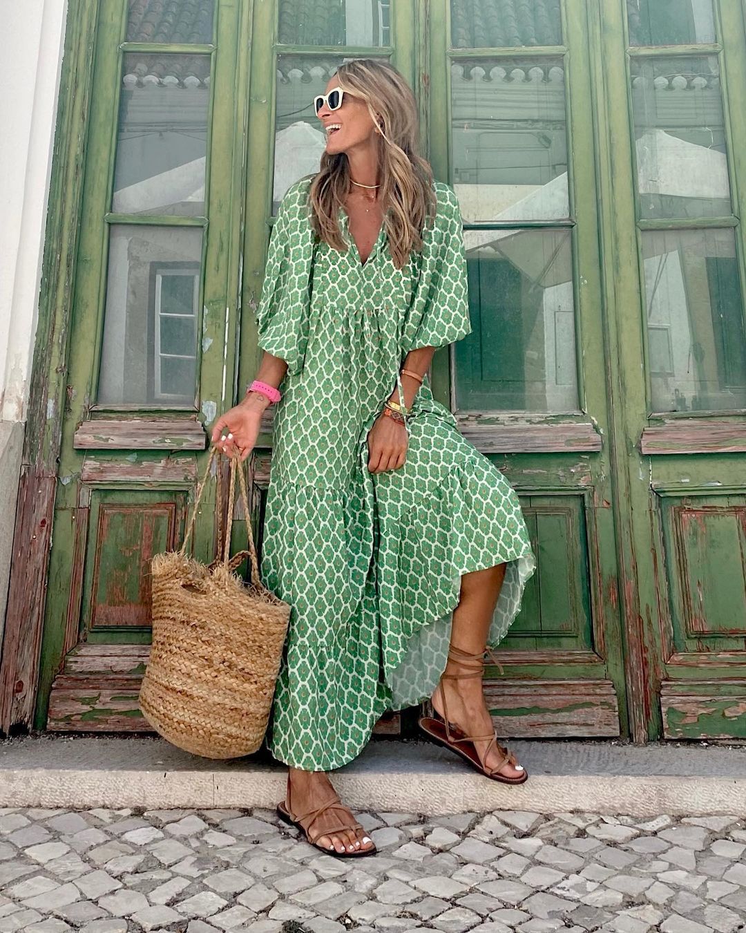 Sophia - Bohemian Print Maxi Dress – green and white geometric print – lifestyle