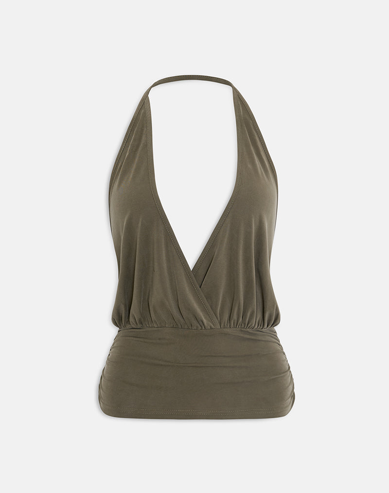 Camille - Khaki Satin Halter Top
