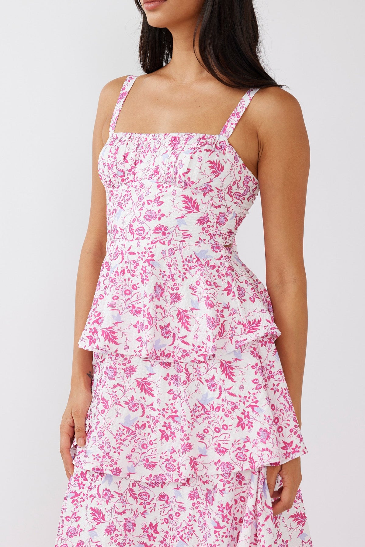 Provence Bloom Tiered Midi Dress Floral Pink