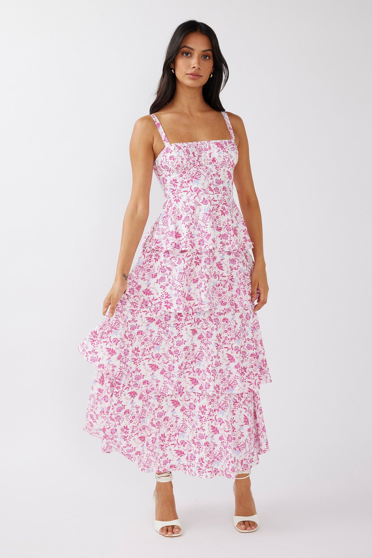 Provence Bloom Tiered Midi Dress Floral Pink