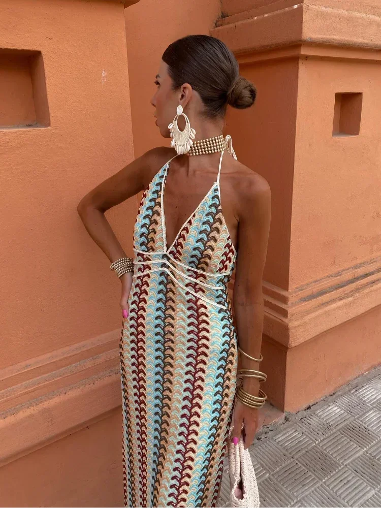 Eden - Maxi Dress – multicolor crochet stripe – side view