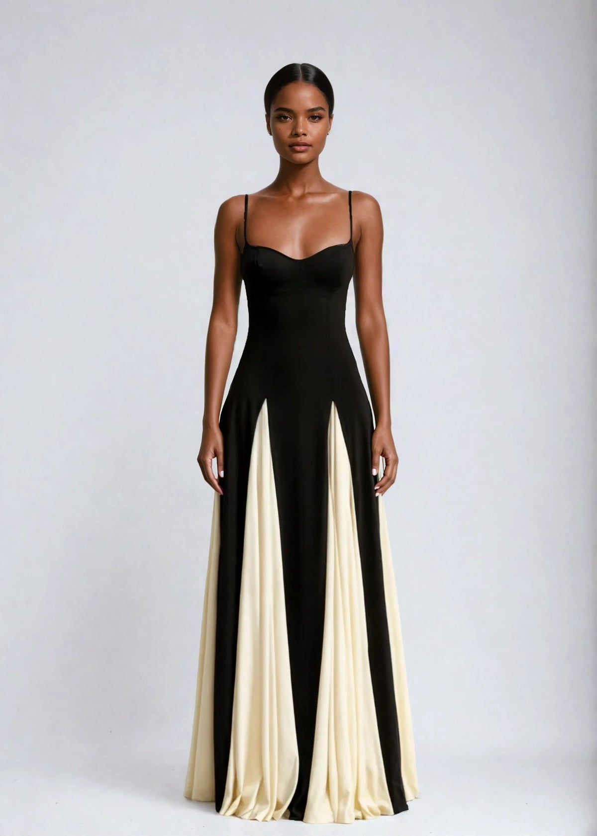 Serena - Slip Maxi Dress – black and cream – front view on model (7)
