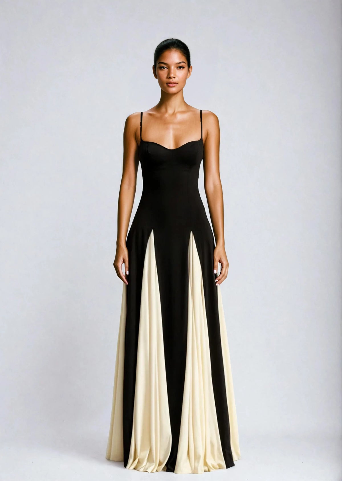 Serena - Slip Maxi Dress – black and cream – front view on model (2)