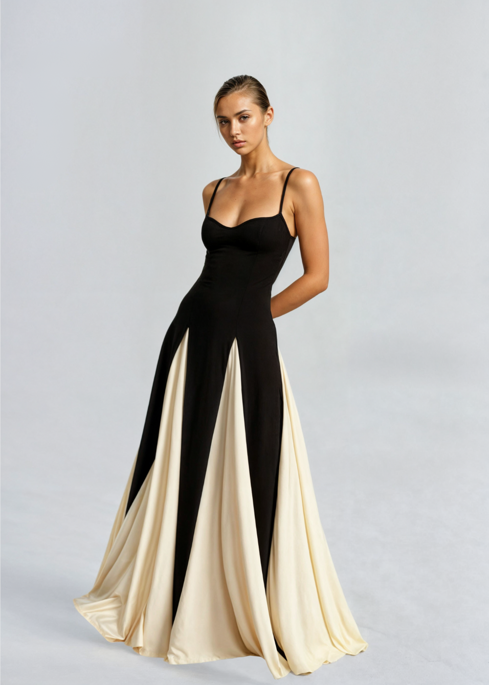Serena - Slip Maxi Dress – black and cream – front view on model (5)