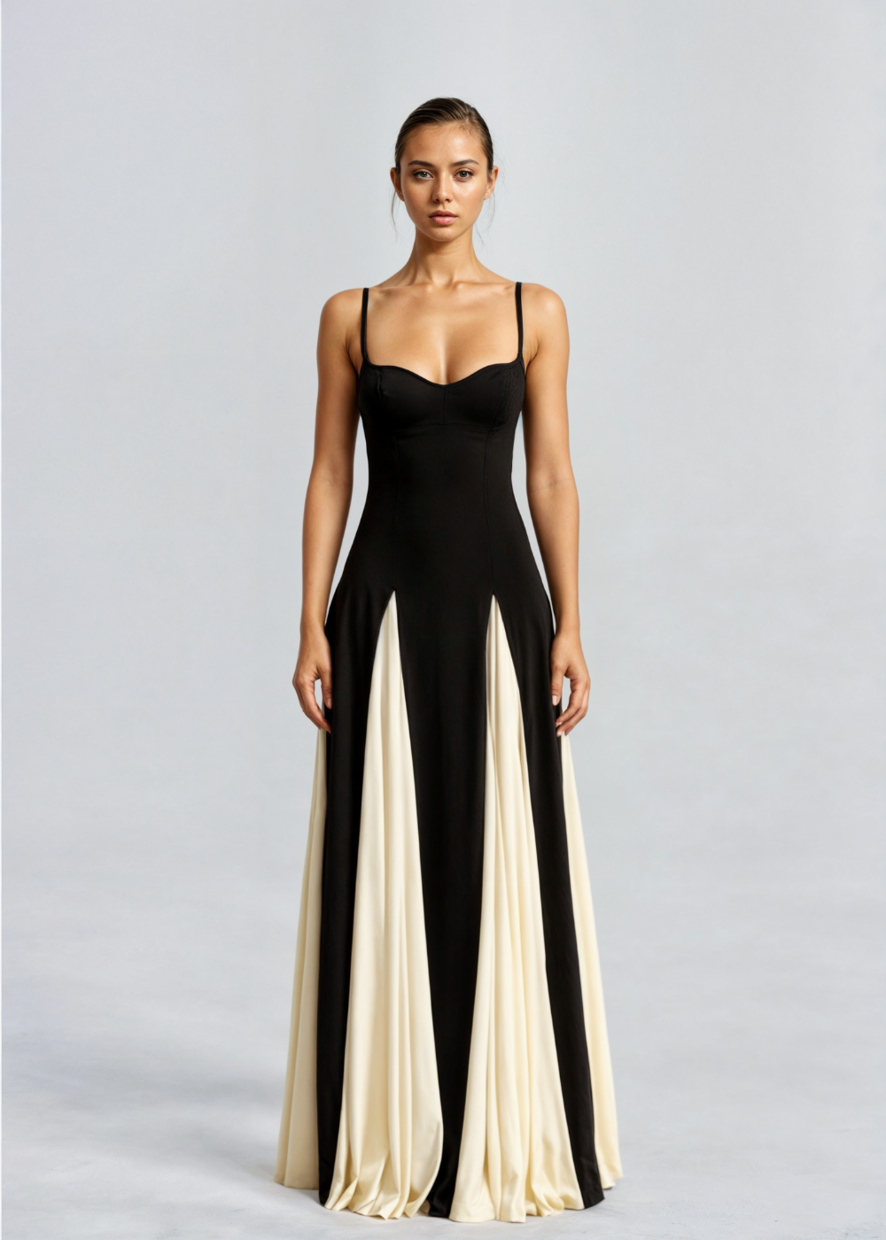 Serena - Slip Maxi Dress – black and cream – front view on model (8)