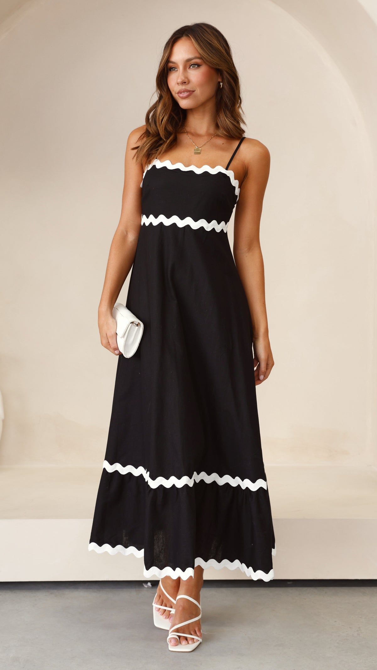 Brodey Midi Dress - Black / White – black with white trim – front view on model (5)