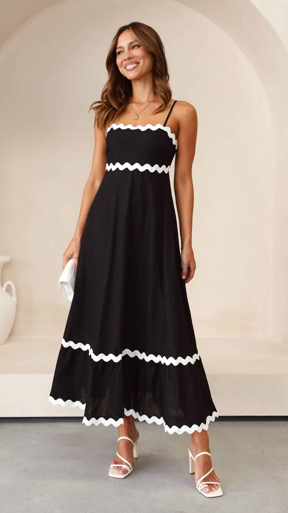 Brodey Midi Dress - Black / White – black with white trim – front view on model (2)