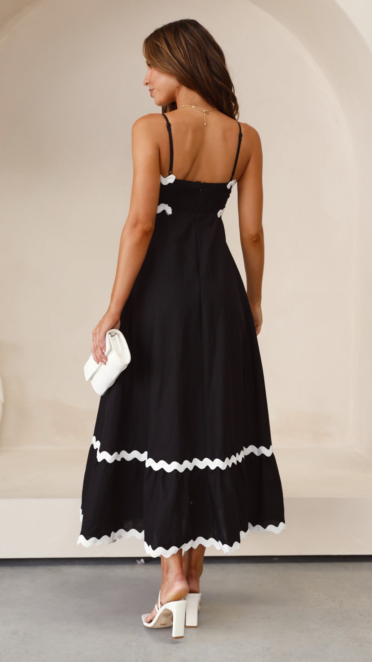 Brodey Midi Dress - Black / White – black with white trim – back view (2)