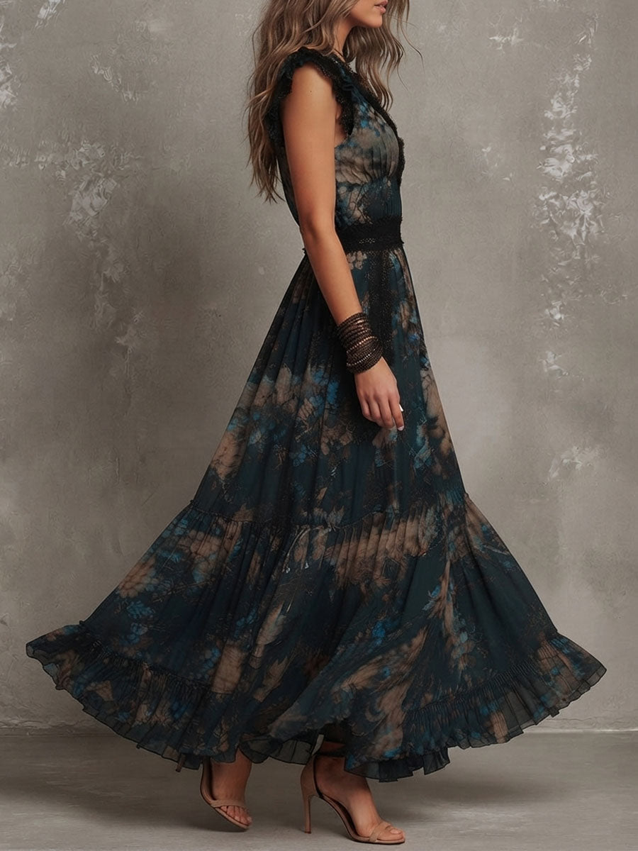Saskia Lace Trim Tiered Maxi Dress - side view showing the tiered skirt