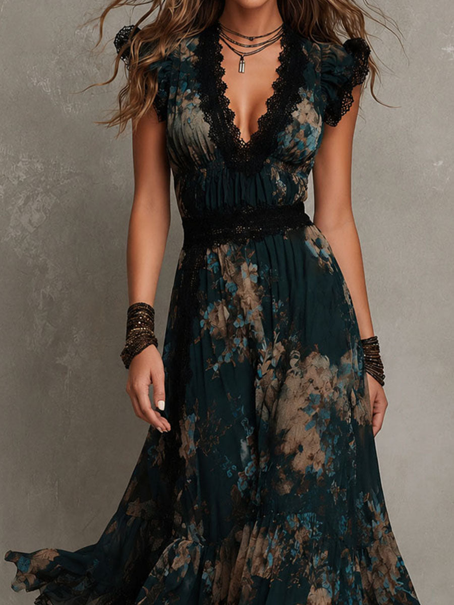 Saskia Lace Trim Tiered Maxi Dress - lace neckline and waistband detail