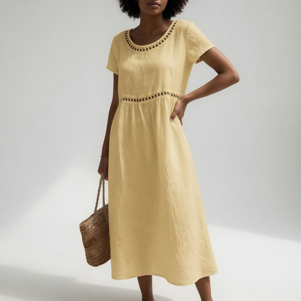 Amandine Eyelet Trim Cotton Midi Dress - butter yellow front view