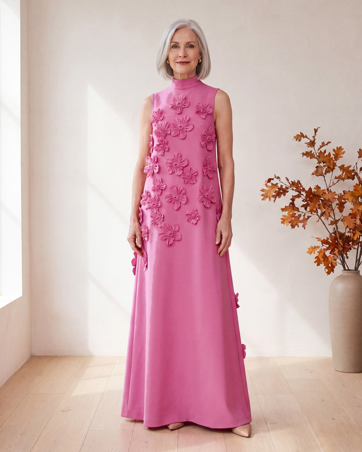 Adeline 3D Floral Maxi Dress in pink, full length front view on model