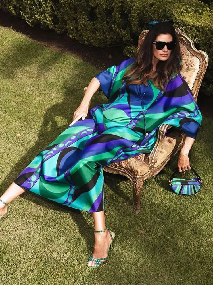 Althea Maxi Dress in Blue Multi, seated
