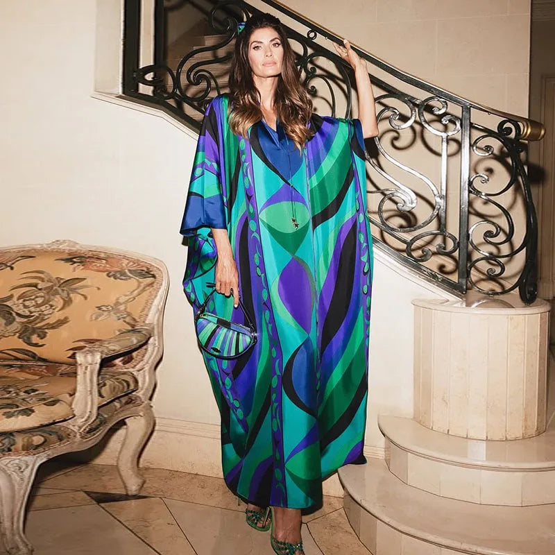 Althea Maxi Dress in Blue Multi, full length close crop