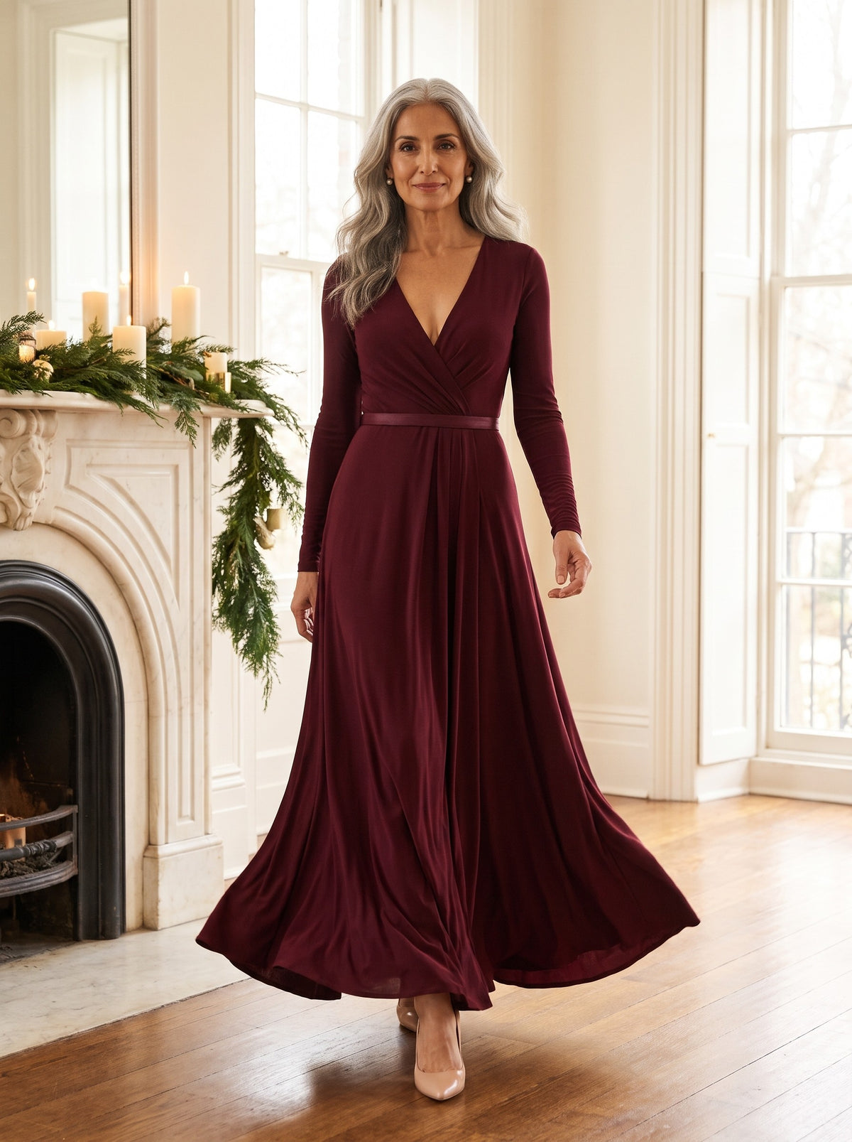Annora Maxi Dress in Burgundy, front view
