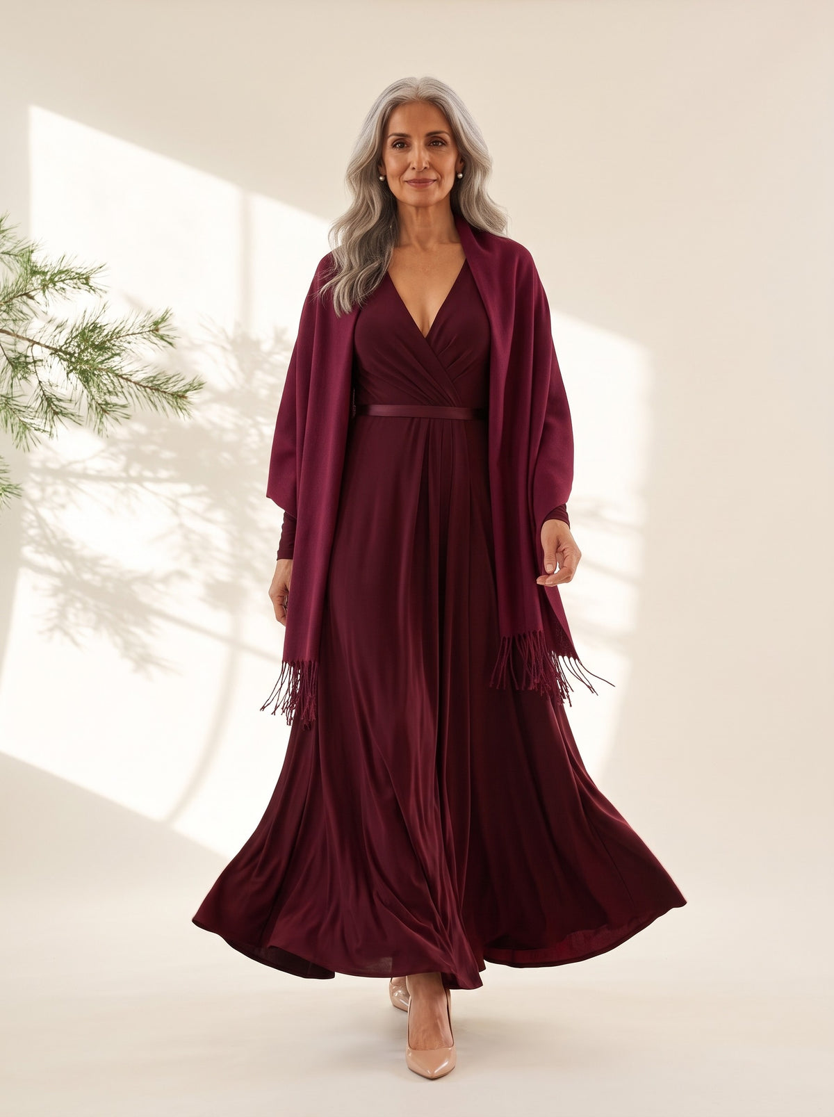 Annora Maxi Dress in Burgundy, styled with the Blythe Evening Wrap in Burgundy