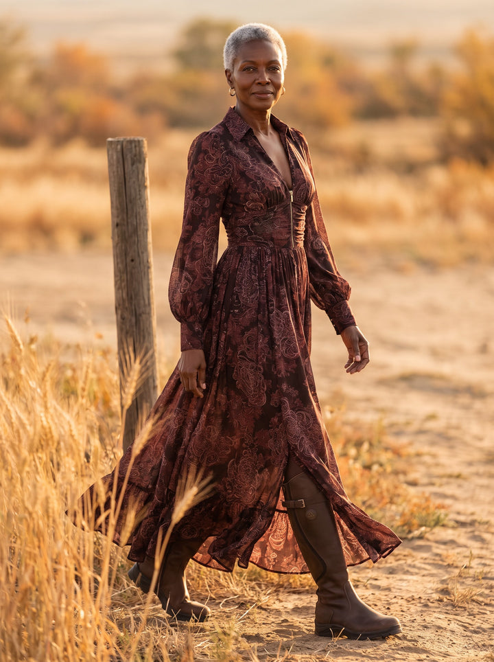 Augustine Maxi Dress in Burgundy Paisley, front view
