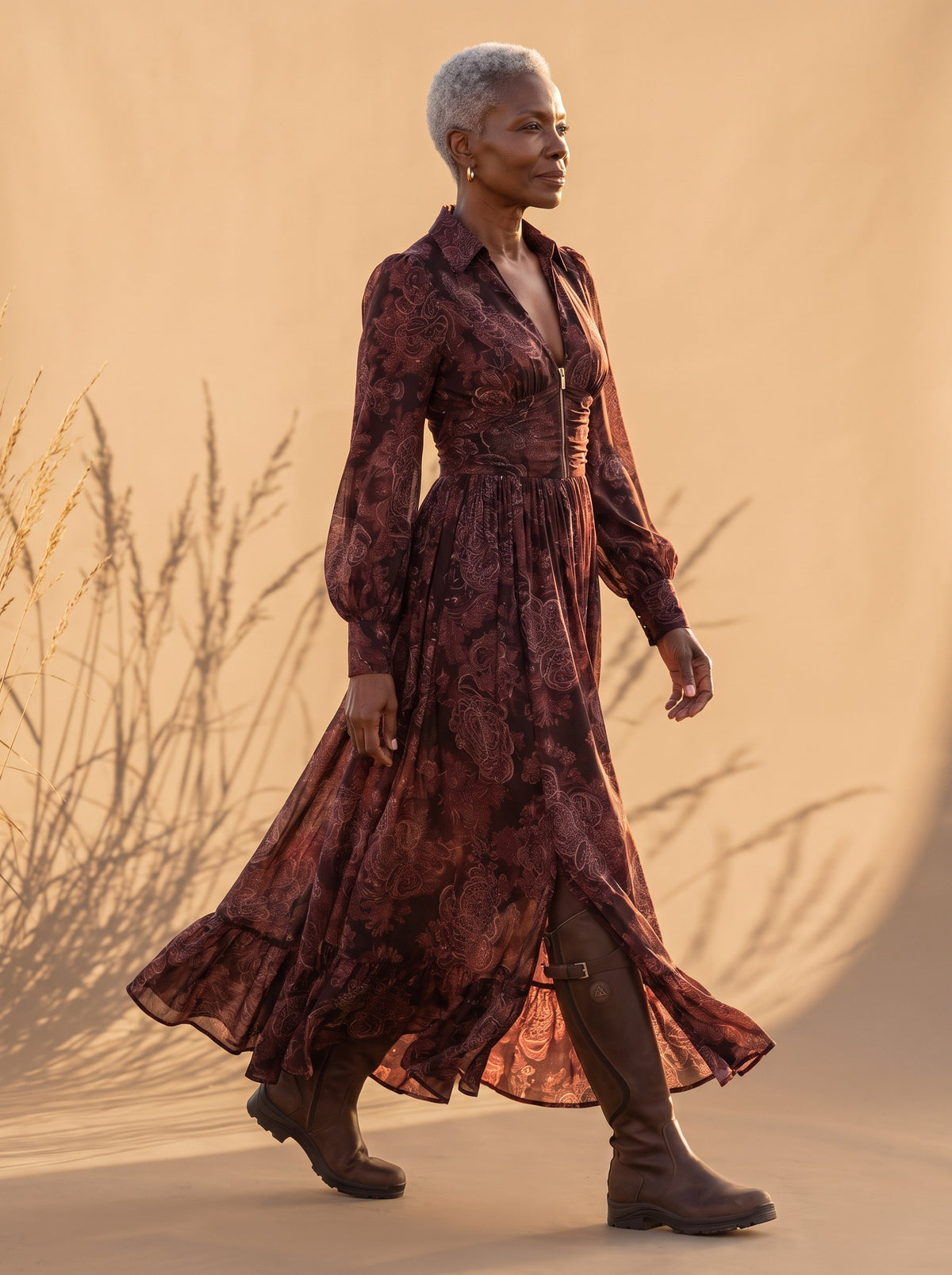 Augustine Maxi Dress in Burgundy Paisley, side view