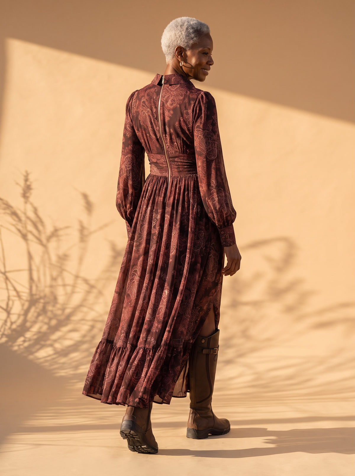 Augustine Maxi Dress in Burgundy Paisley, back view