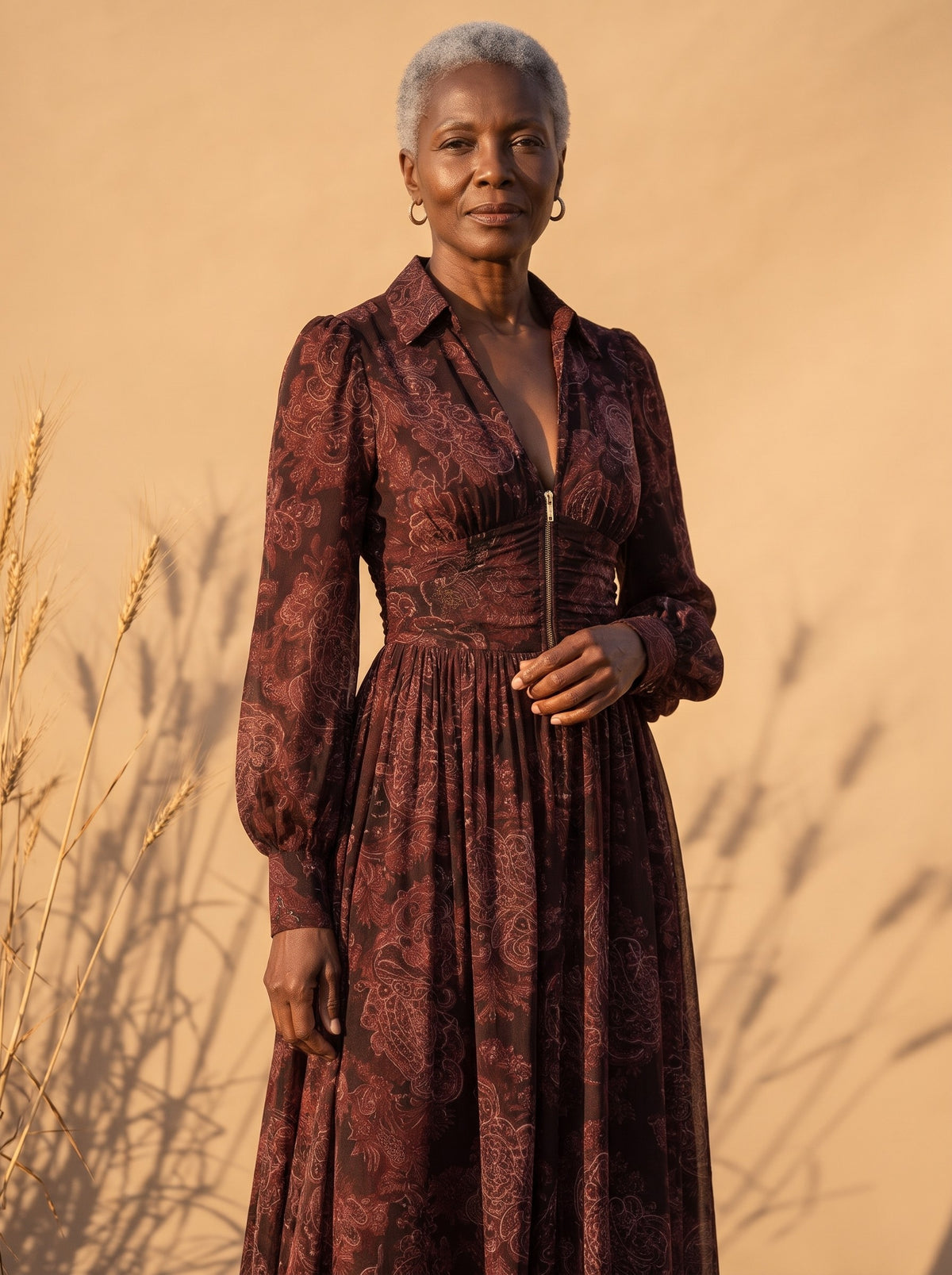Augustine Maxi Dress in Burgundy Paisley, detail view
