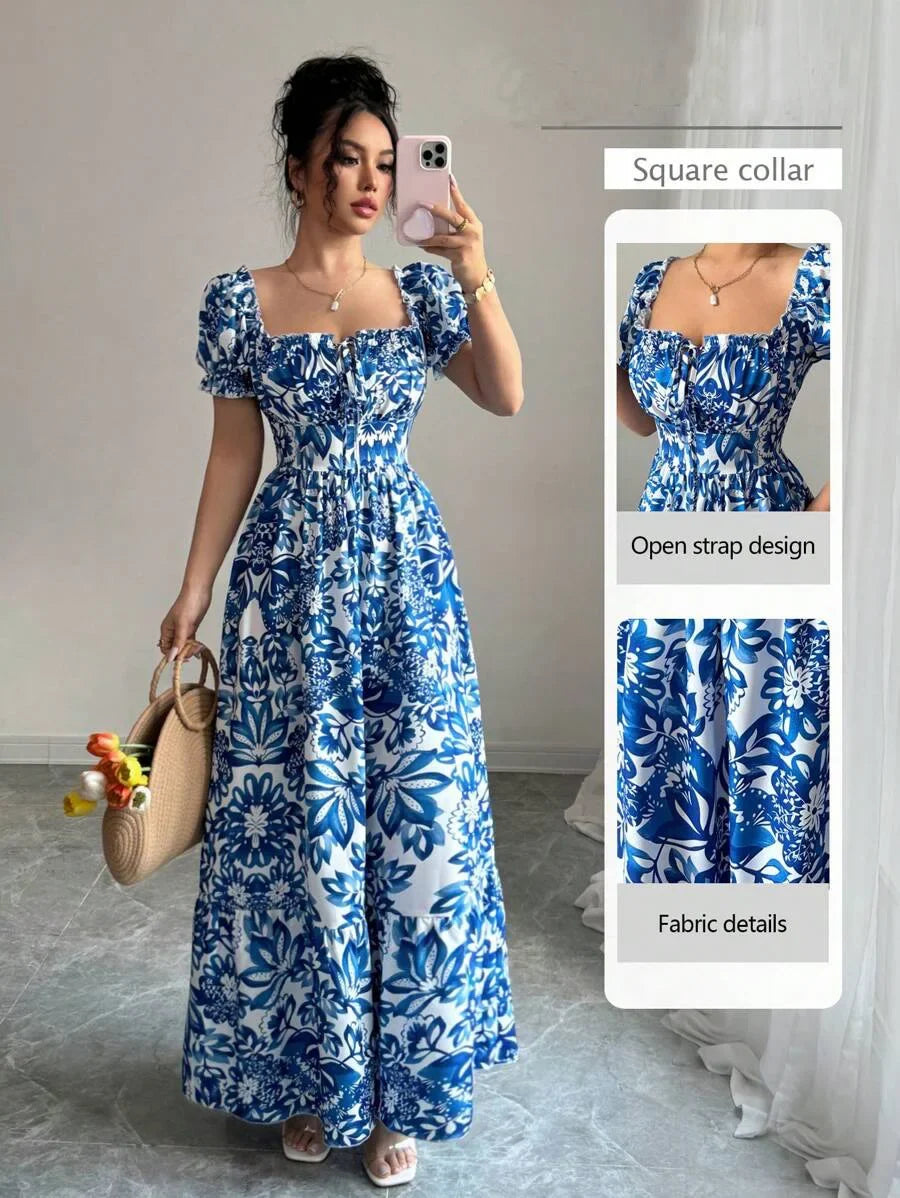 Belinda Maxi Dress in Blue Floral, front with details