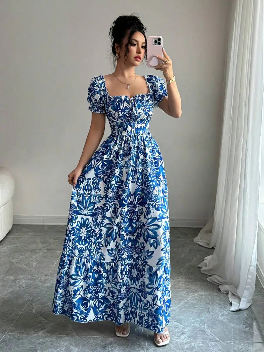 Belinda Maxi Dress in Blue Floral, front
