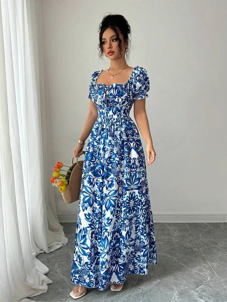 Belinda Maxi Dress in Blue Floral, front with bag