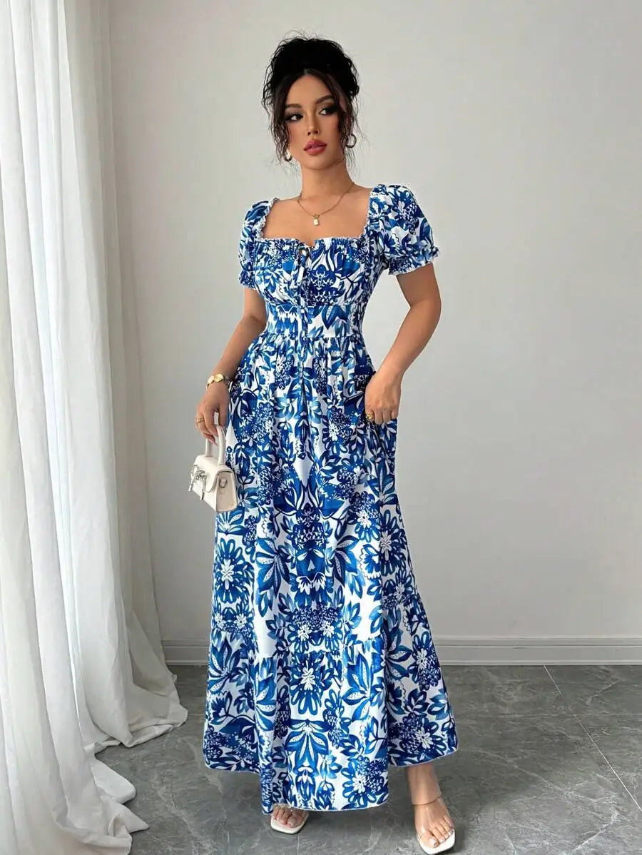 Belinda Maxi Dress in Blue Floral, three-quarter view