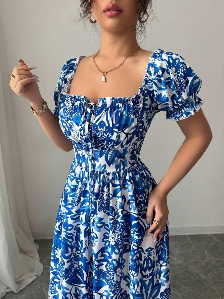 Belinda Maxi Dress in Blue Floral, bodice detail