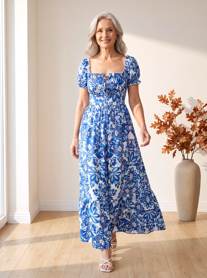 Belinda Maxi Dress in Blue Floral, front