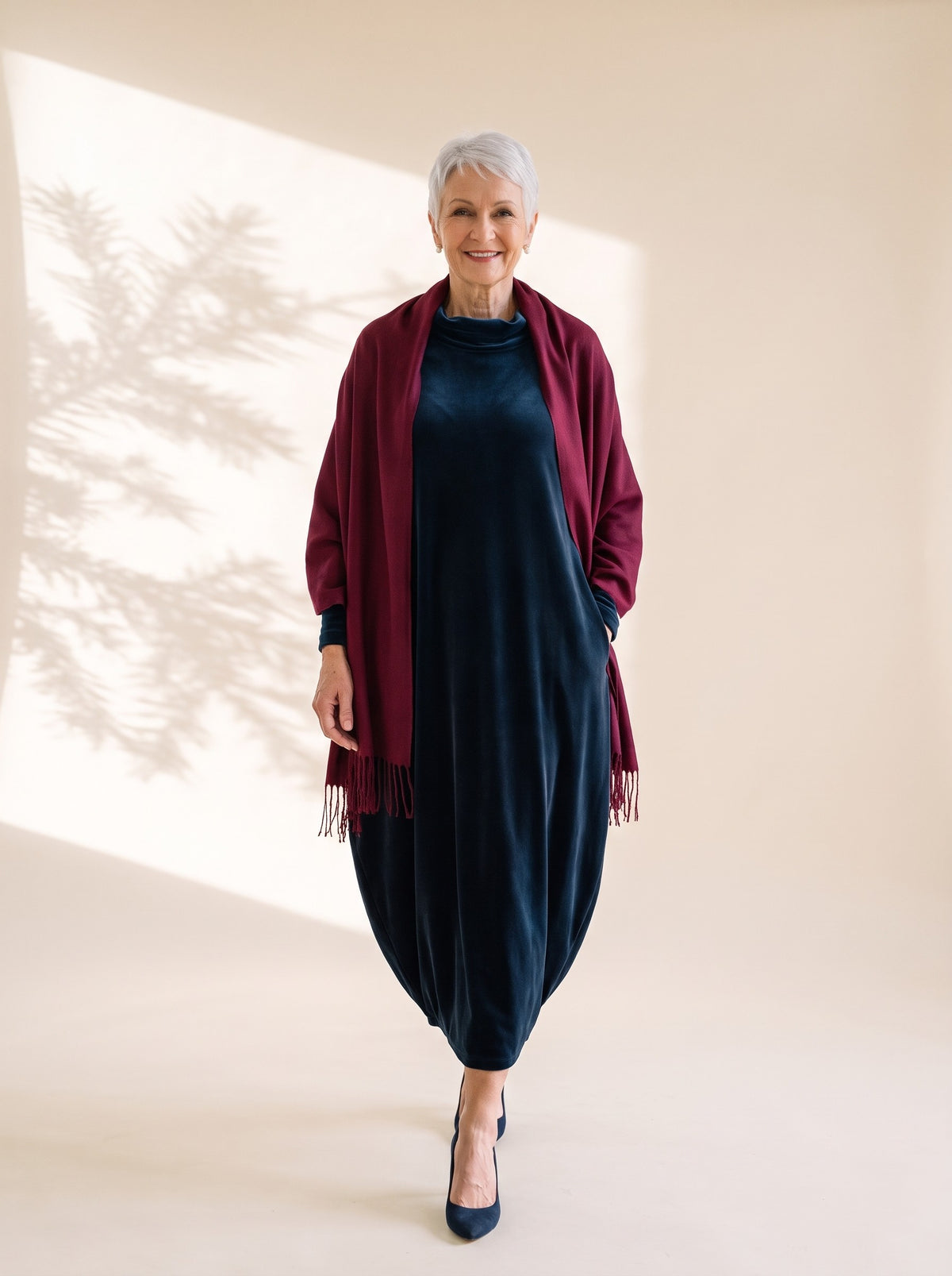 Bernice Maxi Dress in Navy, styled with the Blythe Evening Wrap in Burgundy