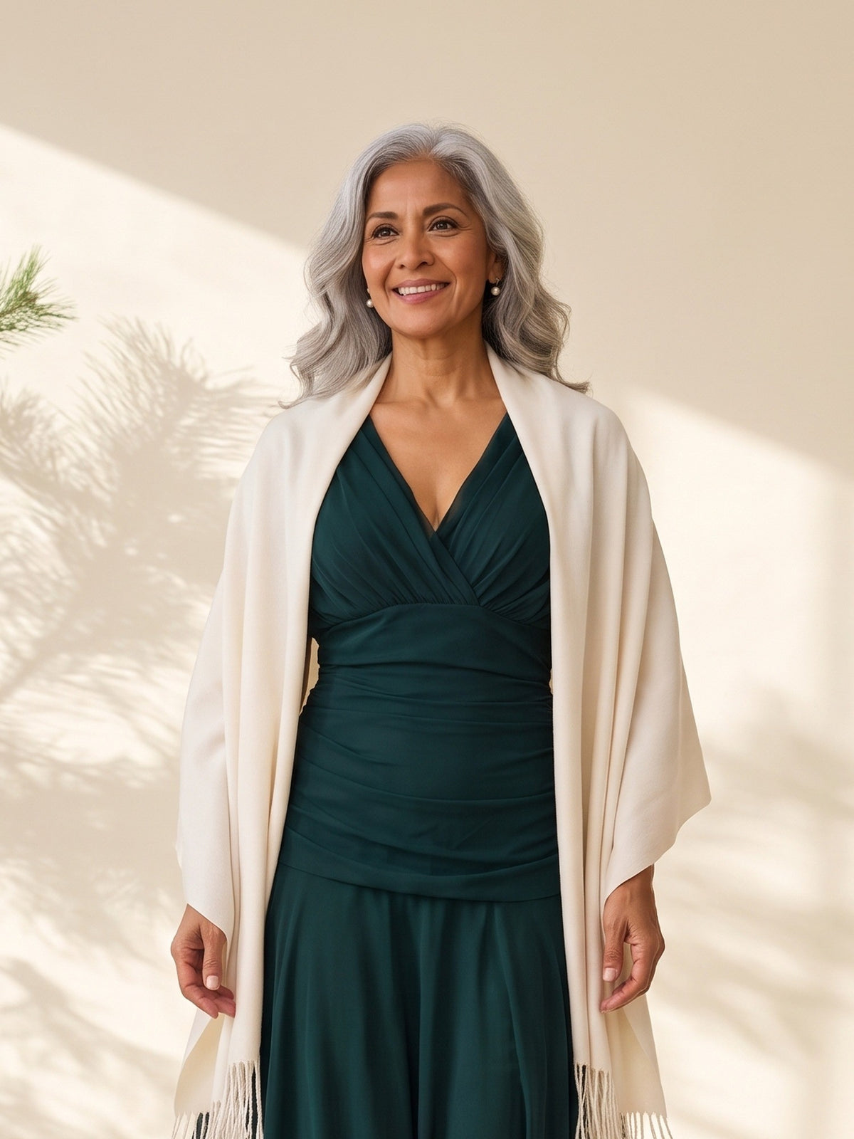 Blythe Evening Wrap in Ivory, worn over the shoulders