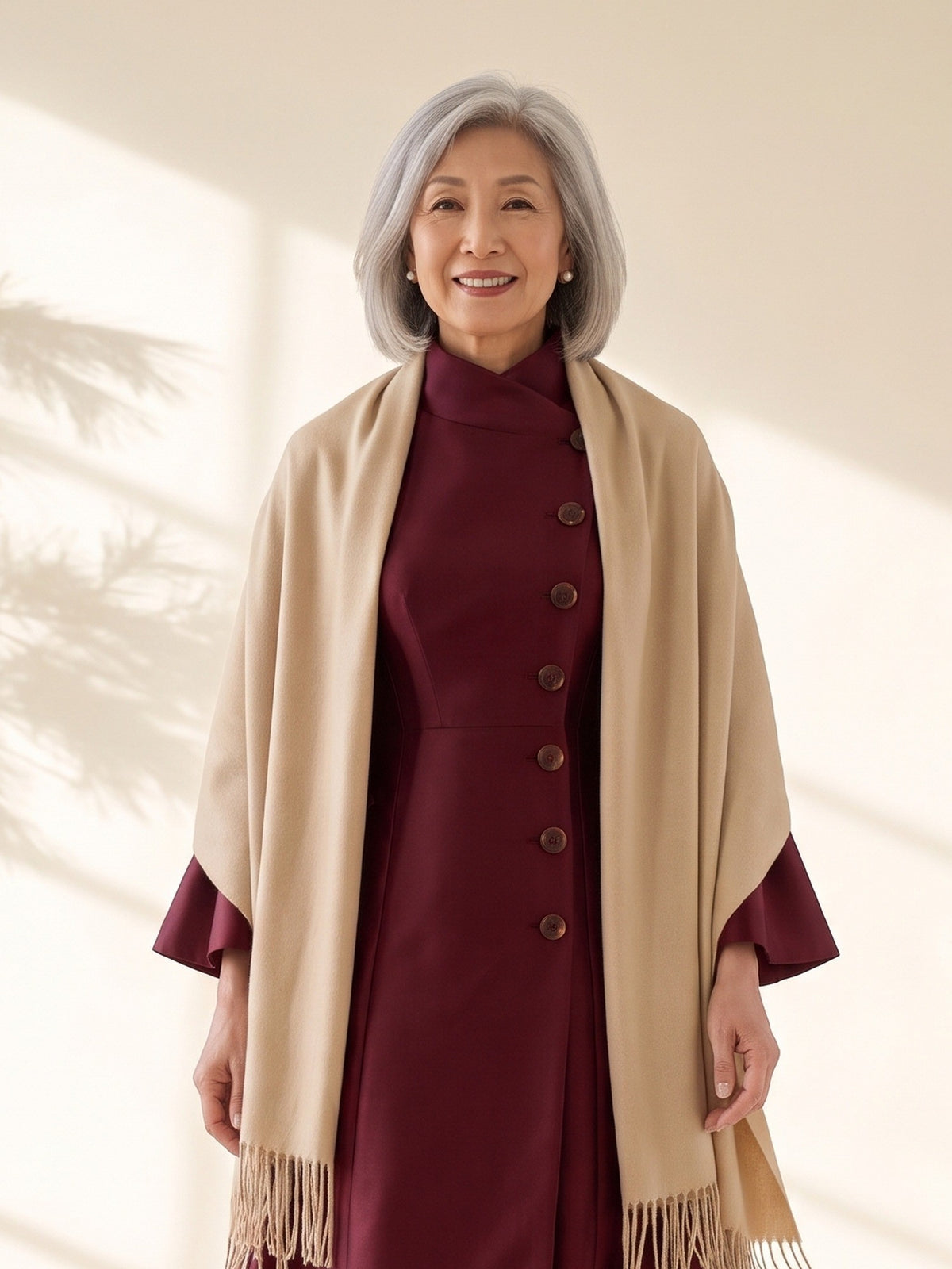 Blythe Evening Wrap in Camel, worn over the shoulders