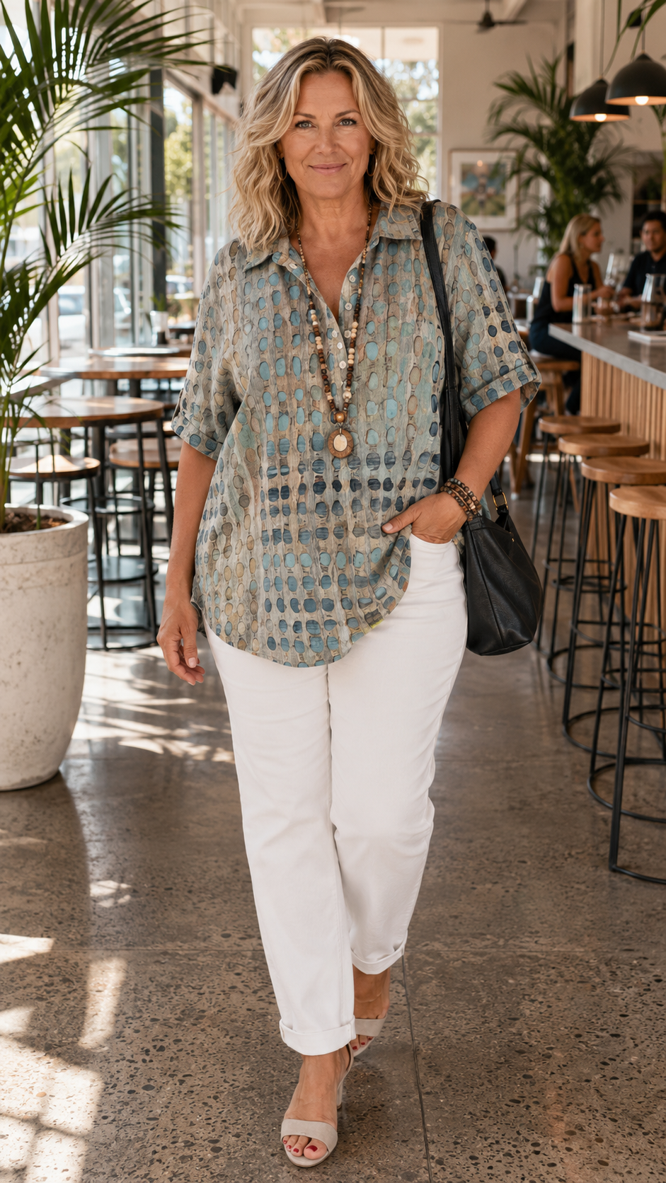Sorrento Relaxed Textured Blouse - styled with white trousers at a cafe