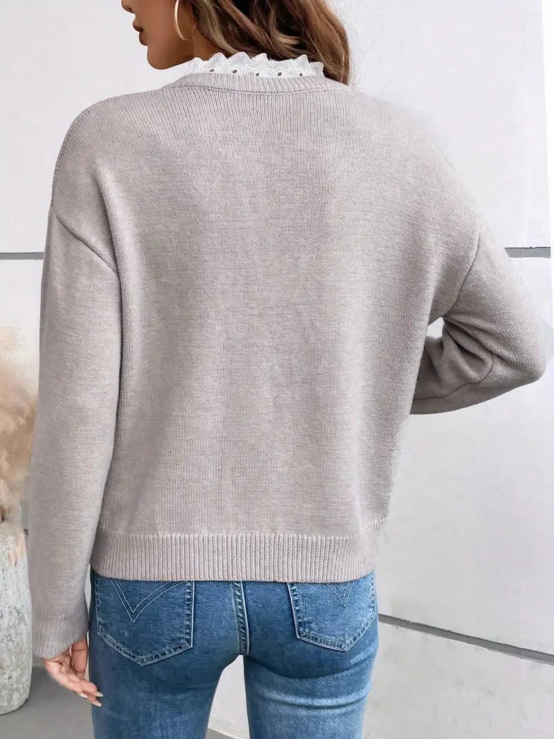 Marguerite Lace Trim Sweater - gray back view