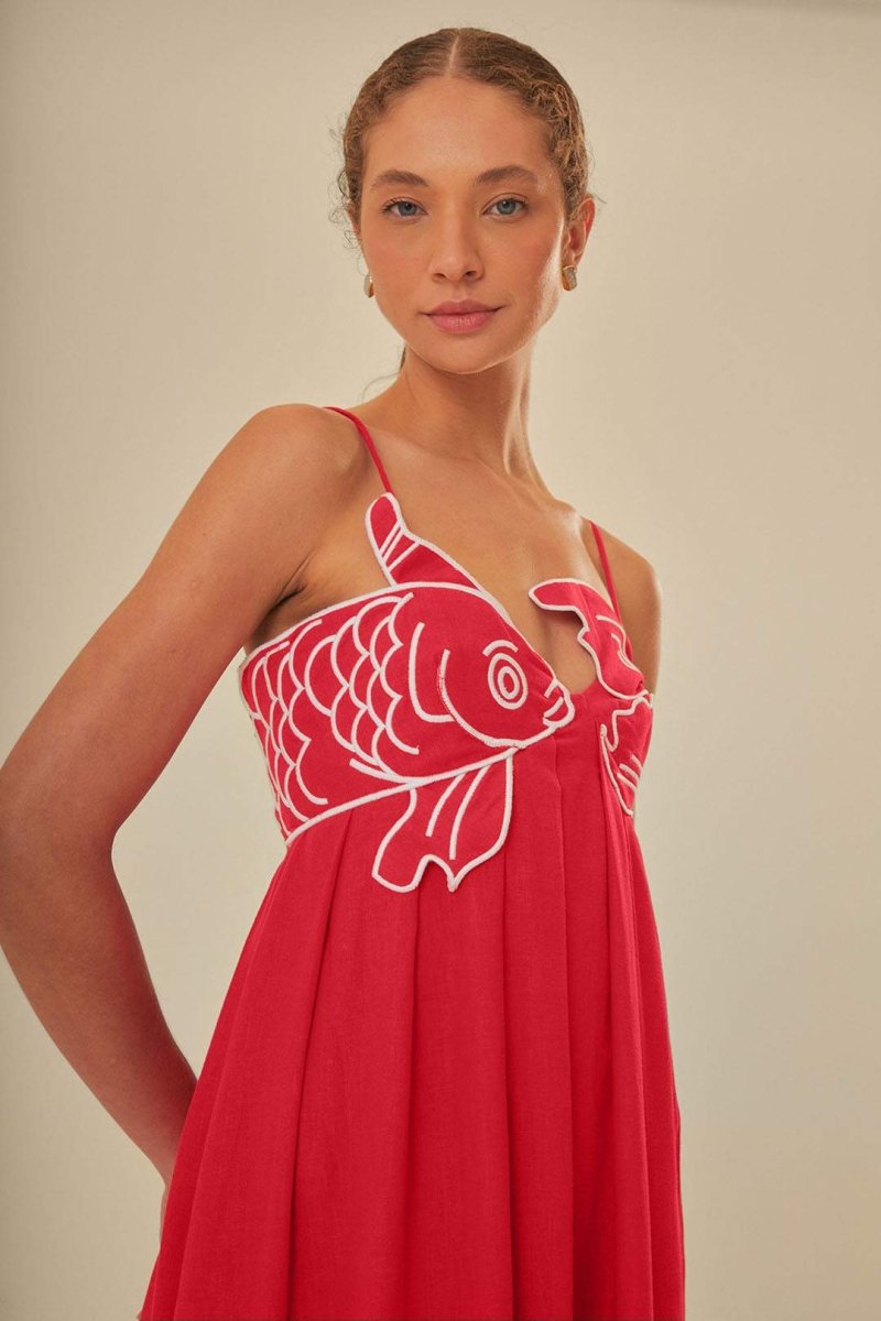Audrey - Maxi Dress – red with goldfish embroidery – front view on model (2)