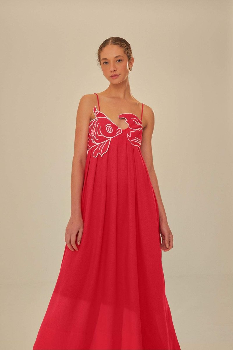 Audrey - Maxi Dress – red with goldfish embroidery – front view on model (4)