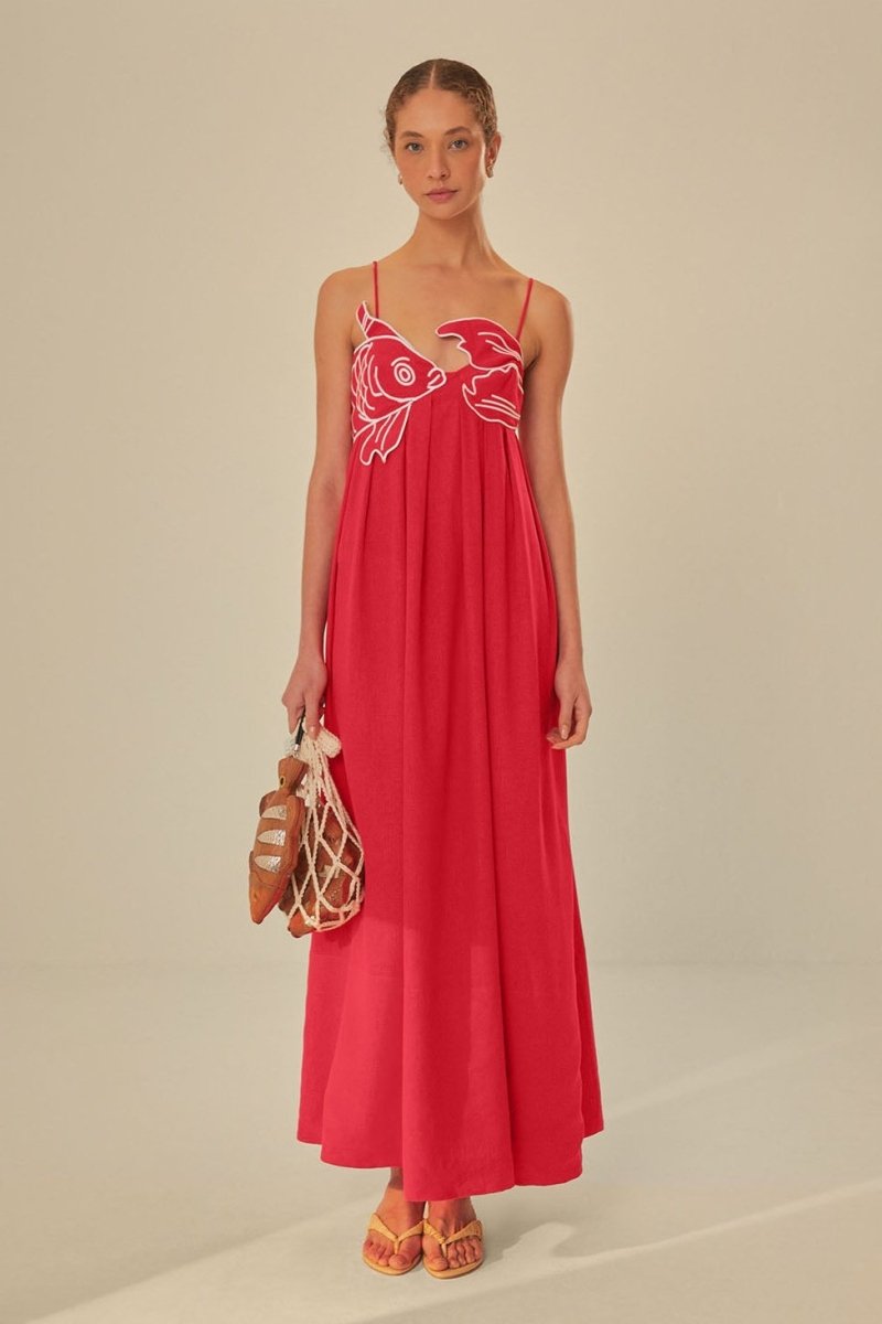Audrey - Maxi Dress – red with goldfish embroidery – front view on model (3)