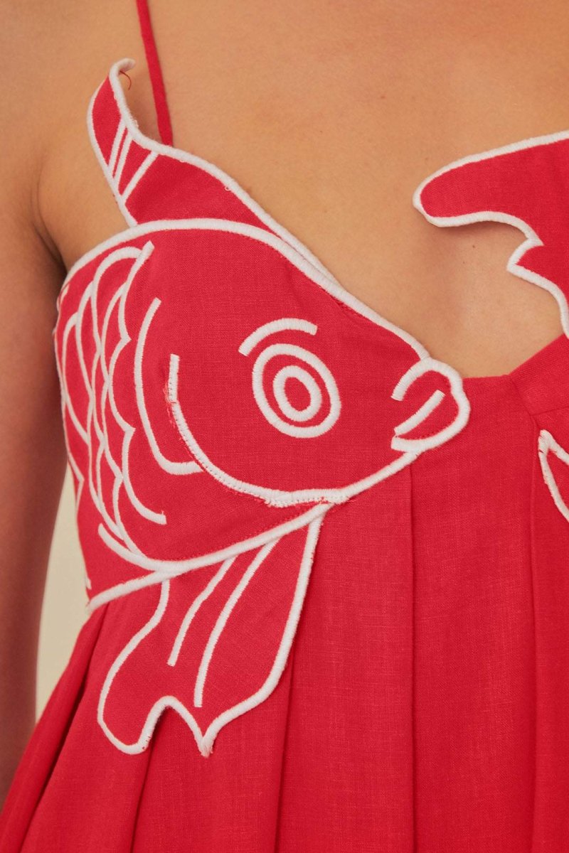 Audrey - Maxi Dress – red with goldfish embroidery – close-up detail