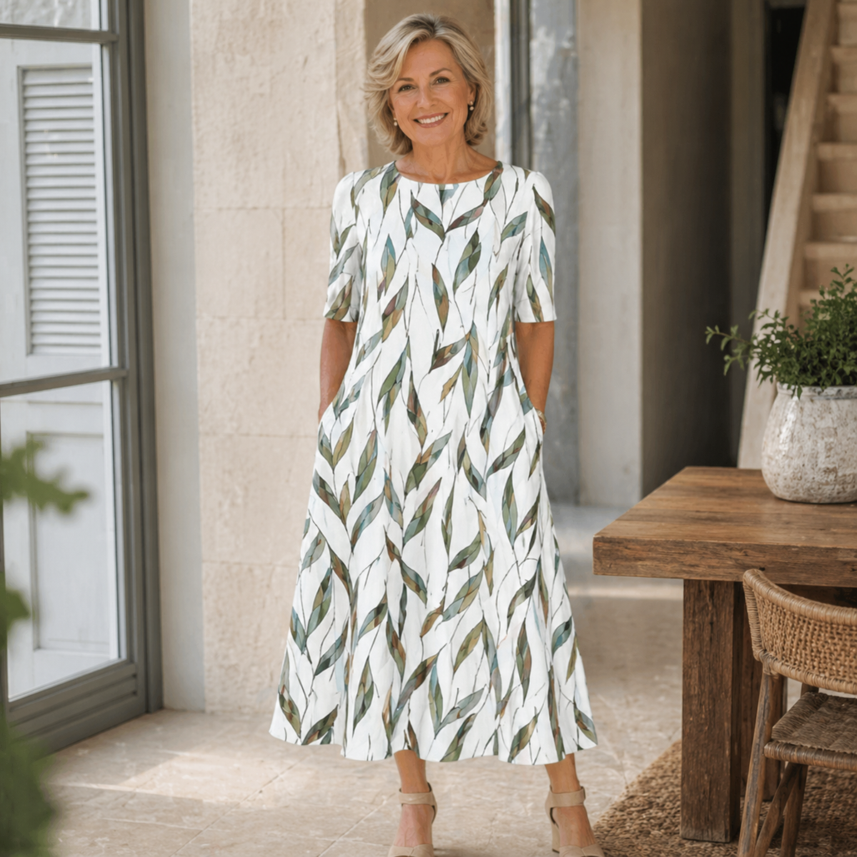 Linnea Pocket Midi Dress — White/Green print, full length