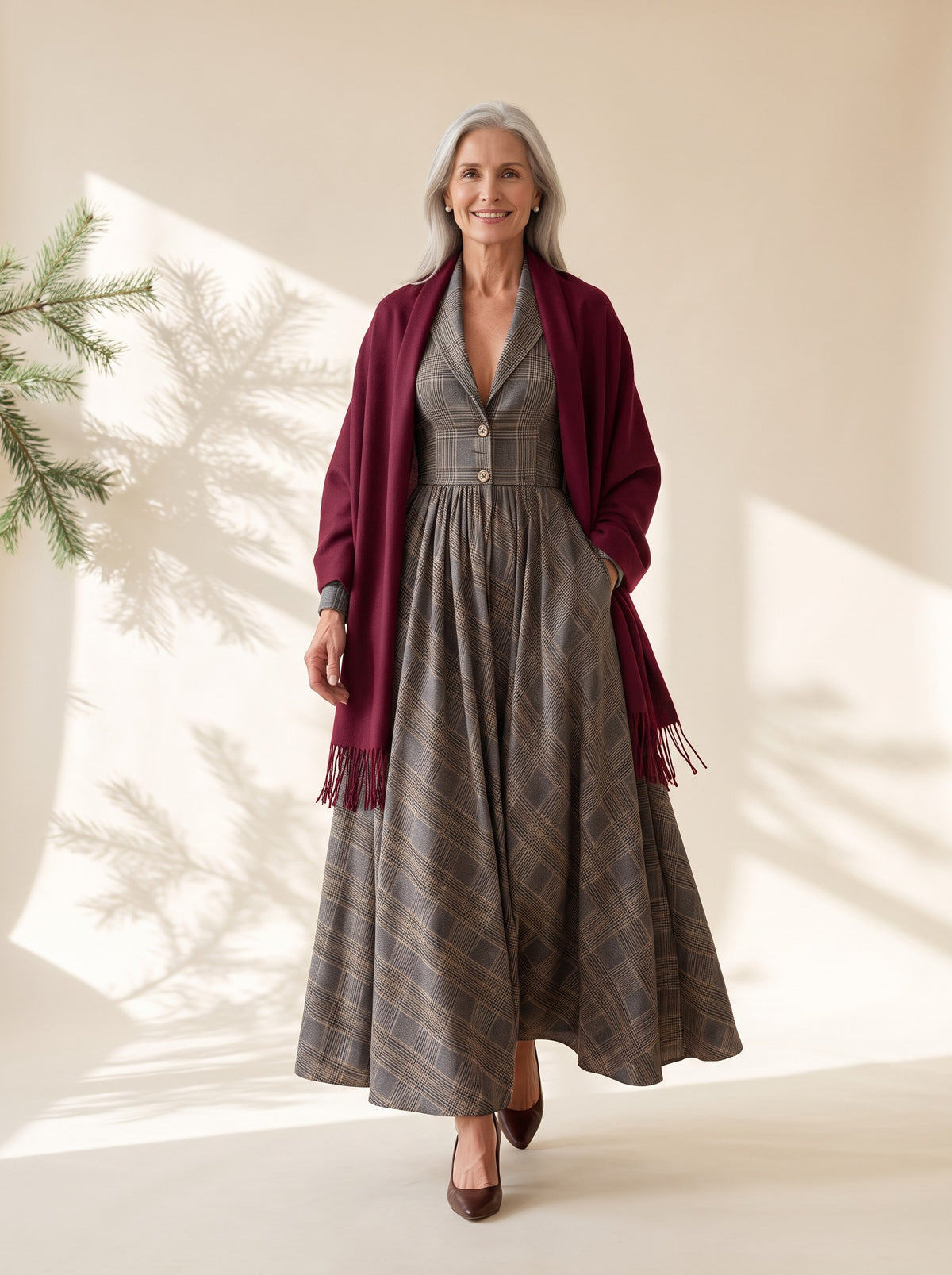 Fenella Maxi Dress in Grey Plaid, styled with the Blythe Evening Wrap in Burgundy