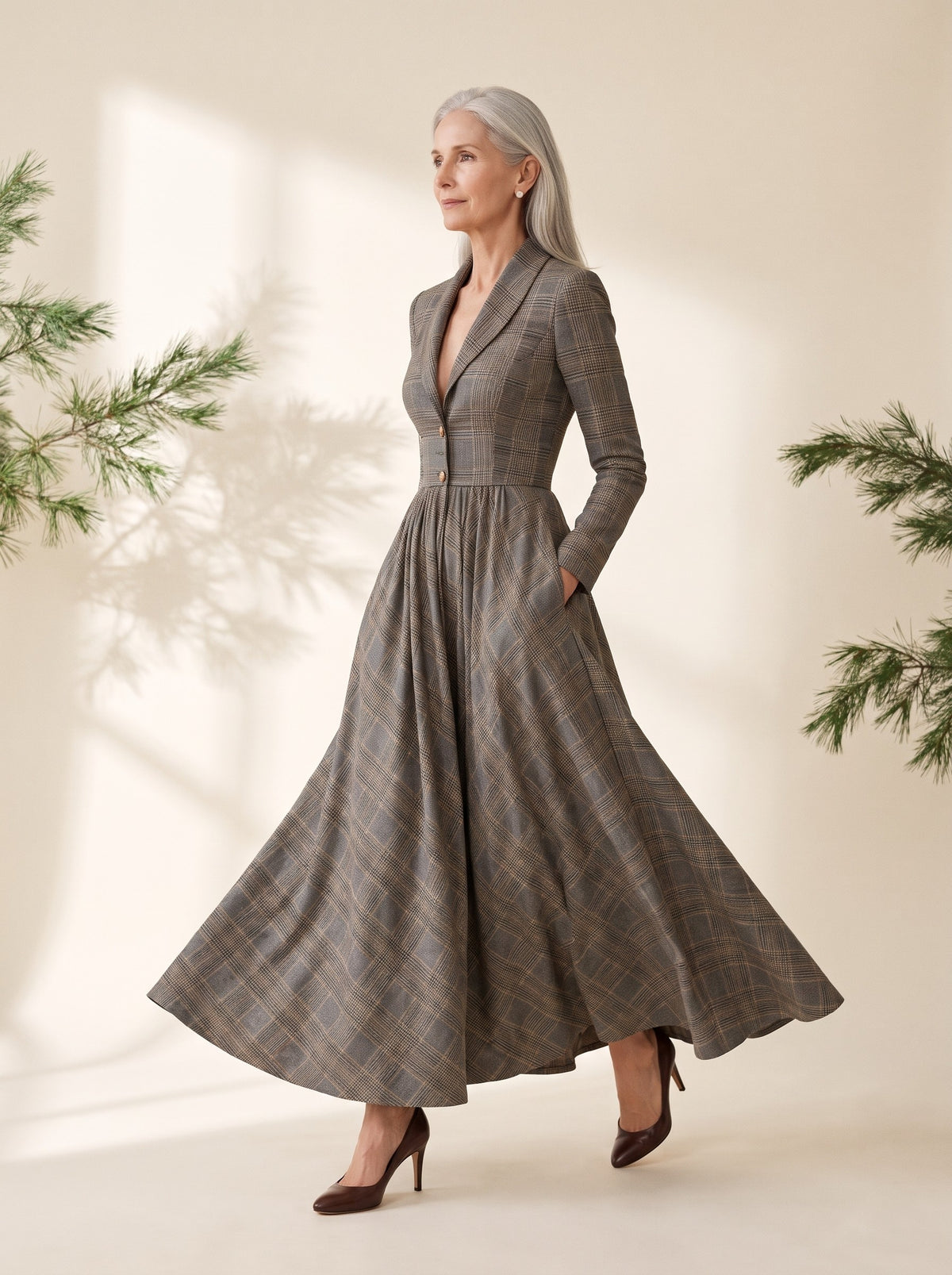 Fenella Maxi Dress in Grey Plaid, side view