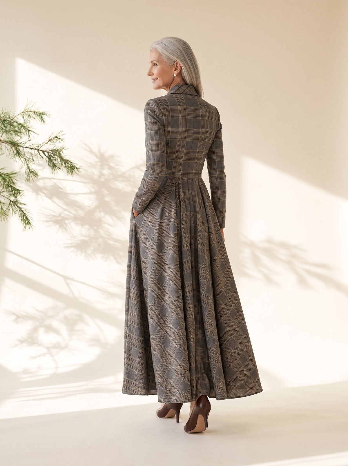 Fenella Maxi Dress in Grey Plaid, back view