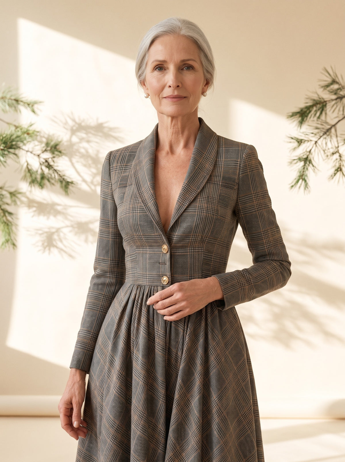 Fenella Maxi Dress in Grey Plaid, detail view