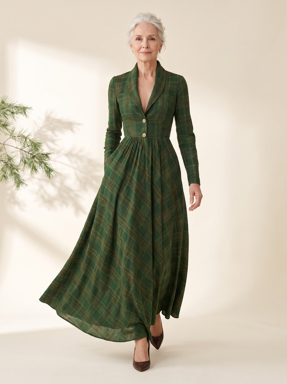 Fenella Maxi Dress in Green Plaid, front view