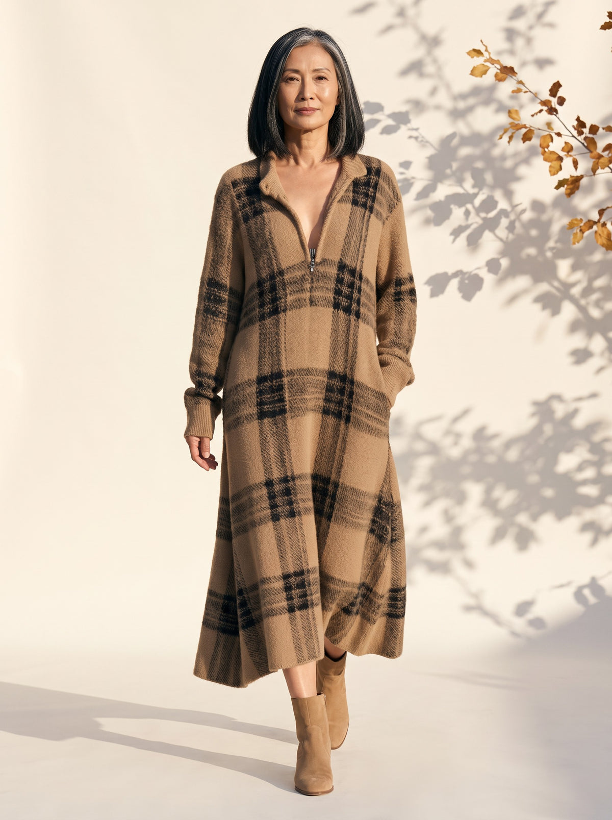 Georgette Midi Dress in Camel Plaid