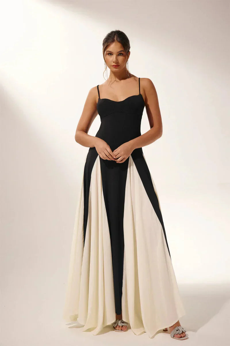 Serena - Slip Maxi Dress – black and cream – front view on model (3)
